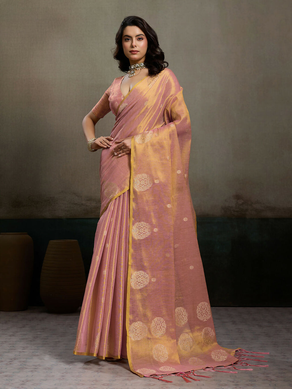 Shree Shyam Fashion Light Pink Tissue Silk Saree - Distacart
