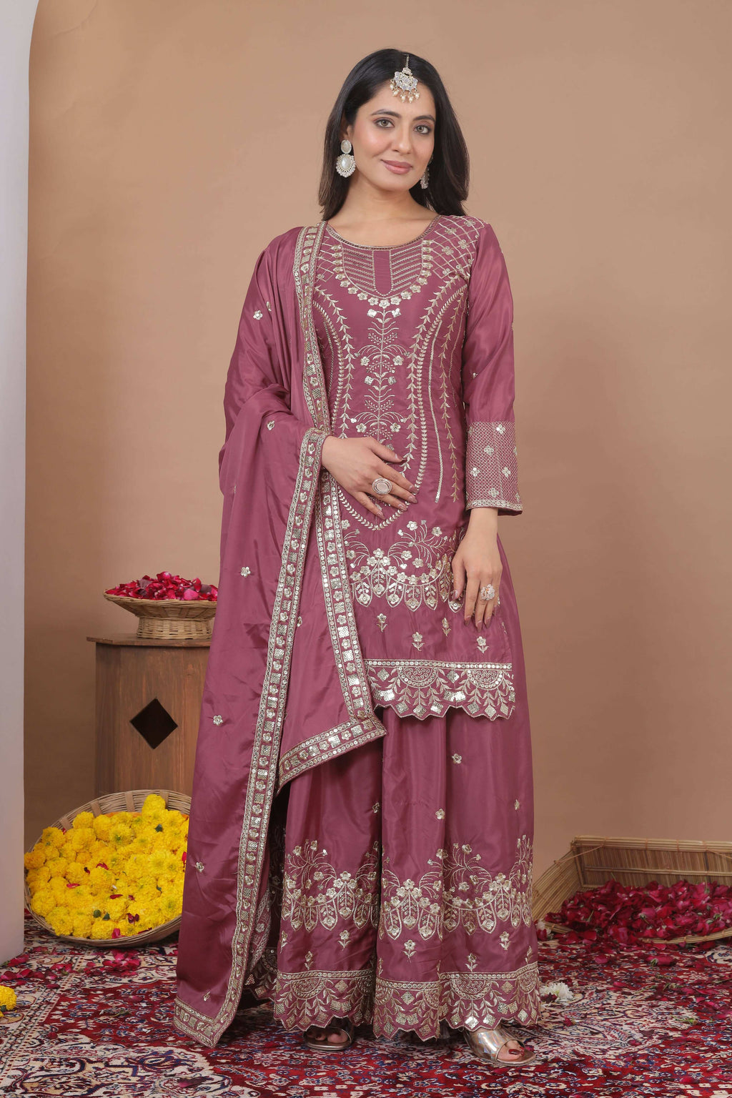 Lehenga Mart Designer Sharara Suit With Kurta, Sharara, Dupatta For Women-Mauve - Distacart