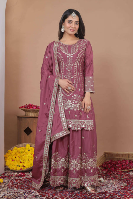 Lehenga Mart Designer Sharara Suit With Kurta, Sharara, Dupatta For Women-Mauve