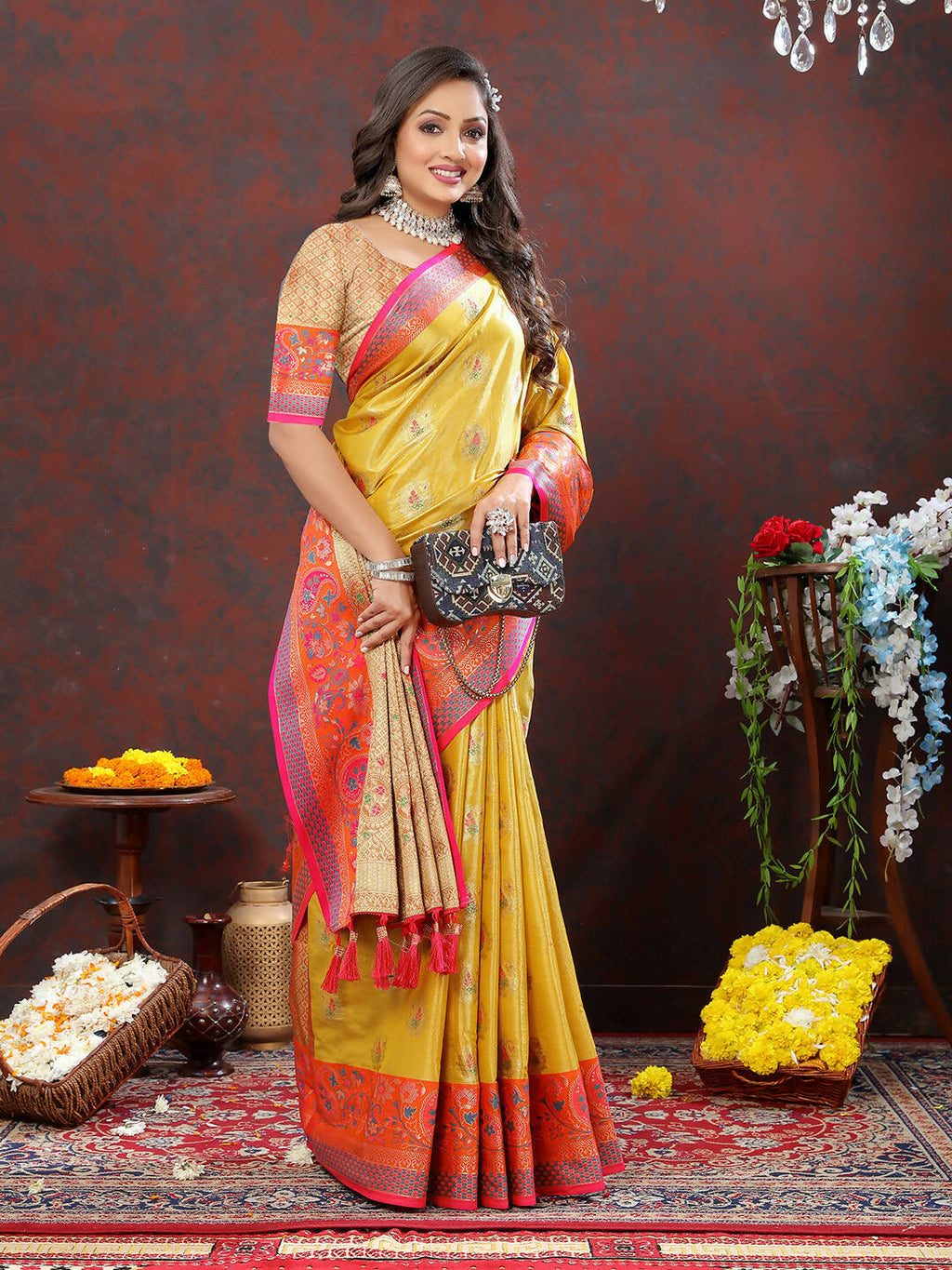Lorenvalley Fashion Yellow Kanjivaram Silk Woven Design with Zari Weaving Saree