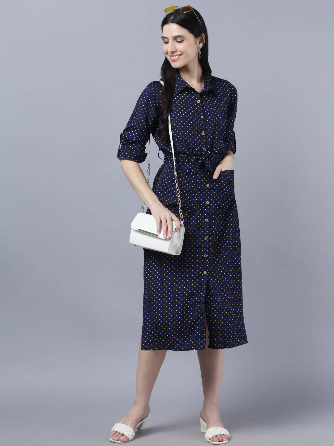Myshka Women Navy Blue Yellow Printed Shirt Dress - Distacart