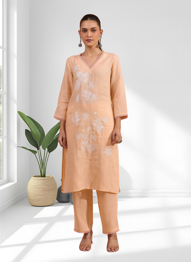 Joban Fashion Coral Linen Embroidered Readymade Long Kurta With Pant - Distacart