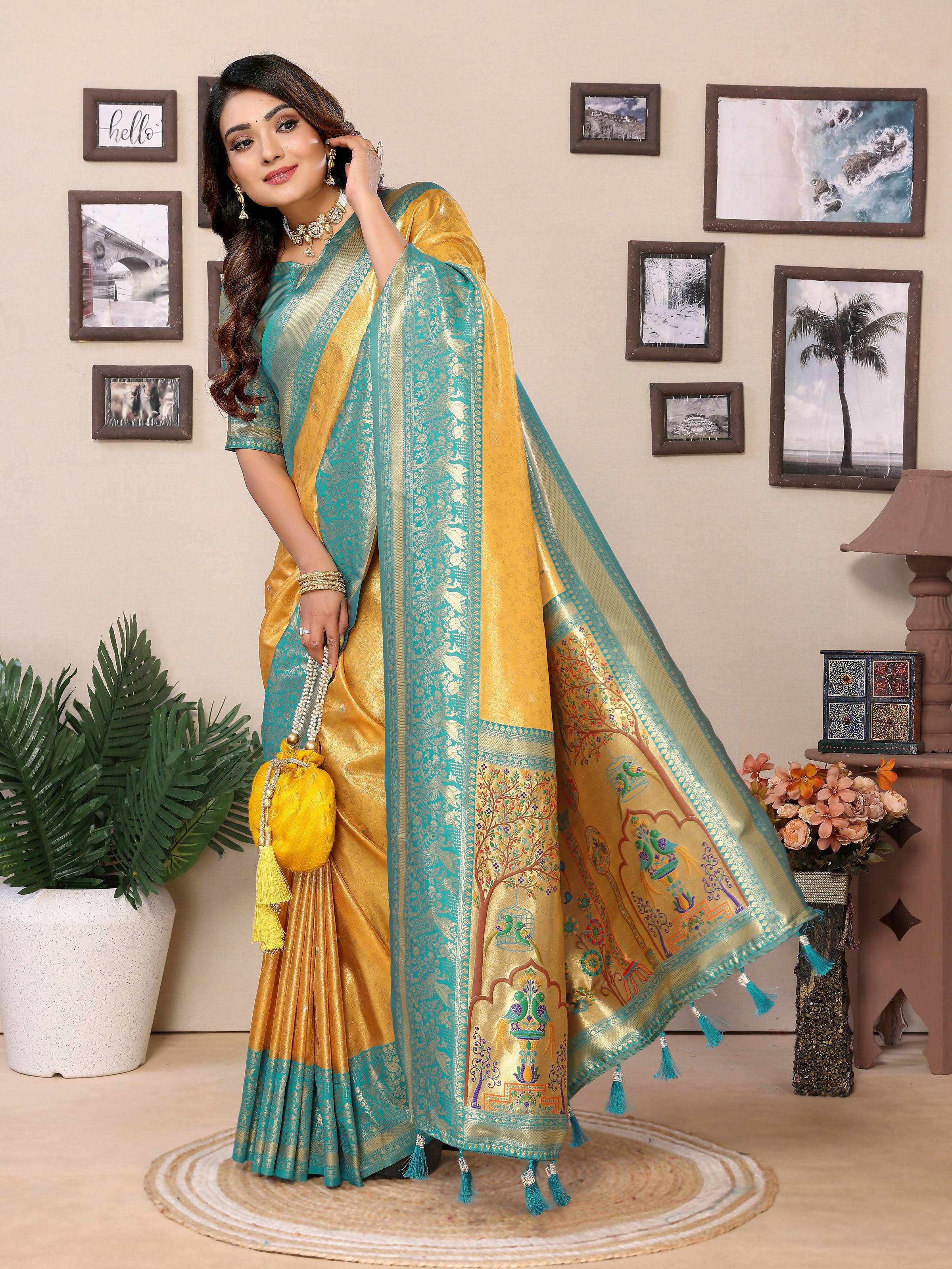 Aastha Fashion Yellow Tissue Silk Weaving Saree - Distacart