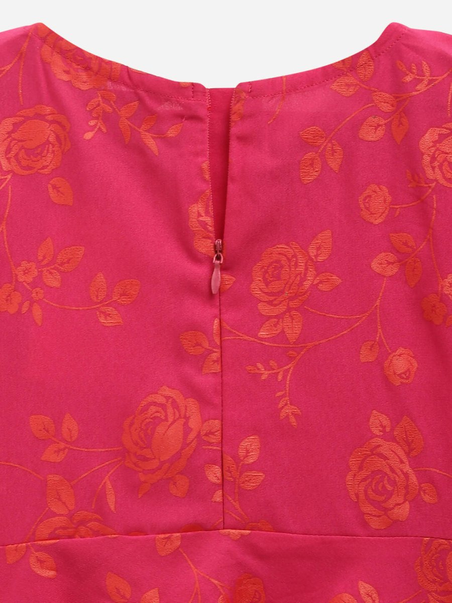 Ahalyaa Dark Pink Crepe Khari Print kids Dress Attached Jacket For Girls