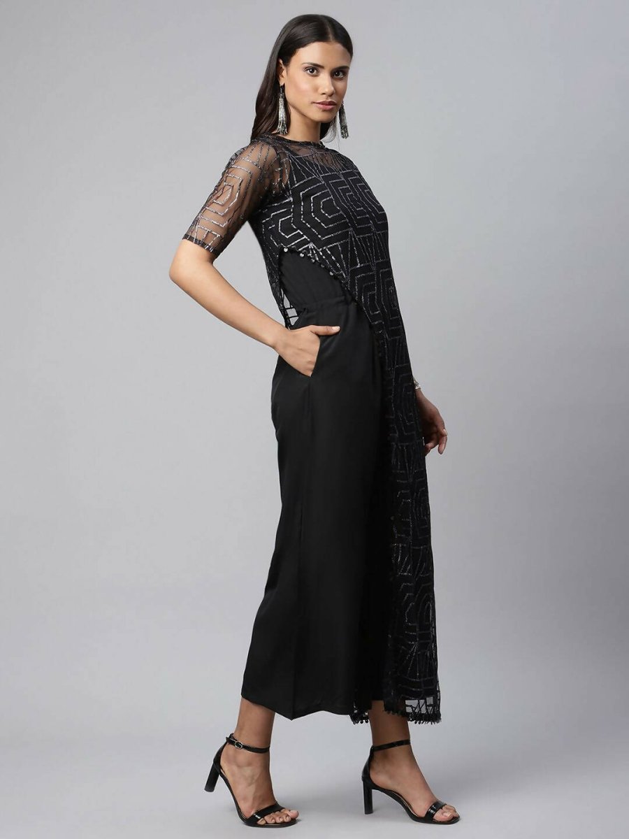 Ahalyaa Womens Black Crepe & Net Glitter Print Jumpsuit - Distacart