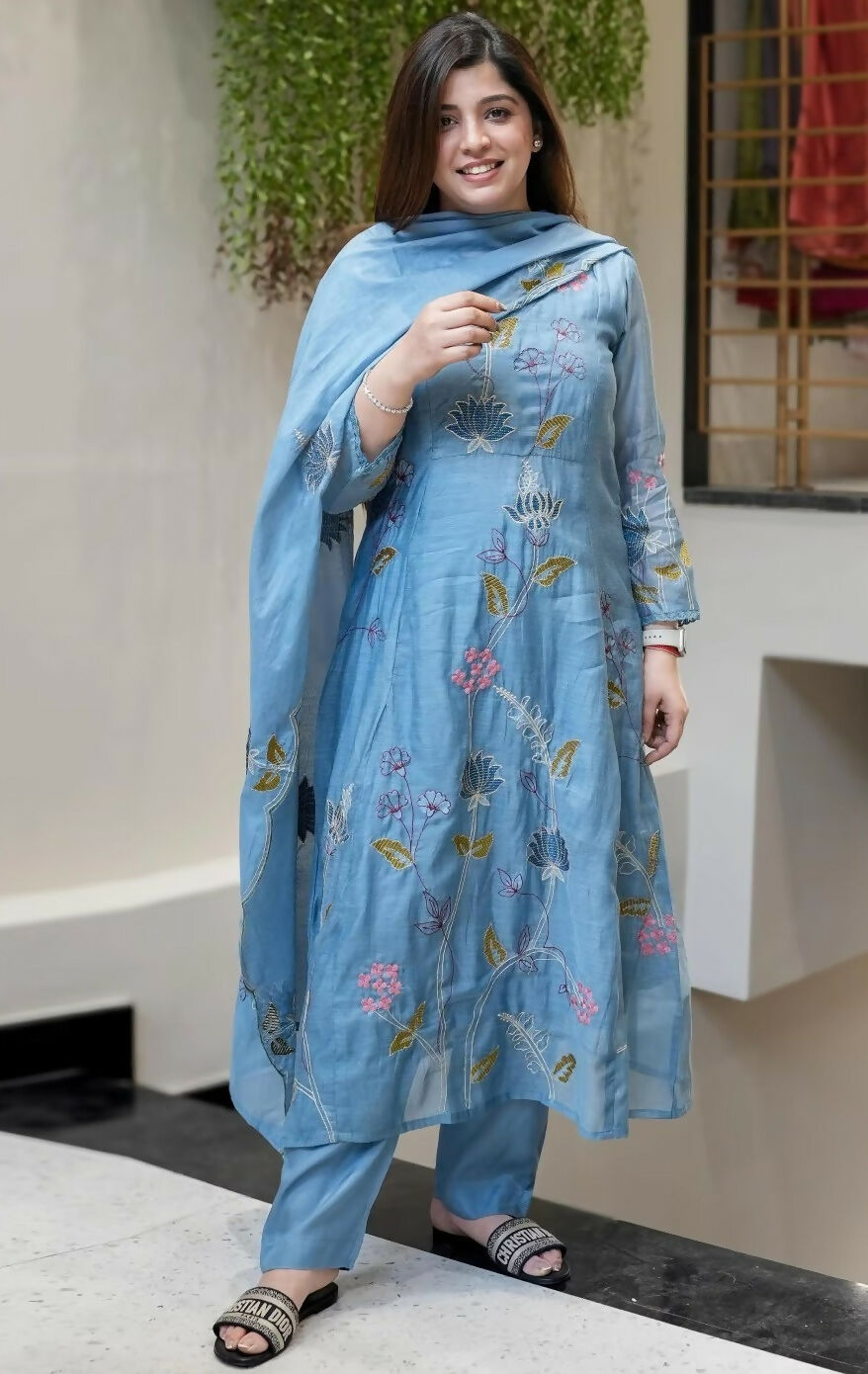 The52 Blue Women's Beautiful Cotton Fabric Thread Work Straight Kurta, Pant and Dupatta Set - Distacart