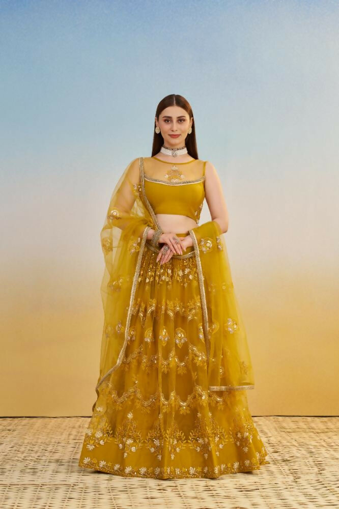 Aastha Fashion Mustard Yellow Butterfly Net Tone To Tone Cotton Thread Work And Sequence Work Embroidery Wedding Wear Lehenga Choli