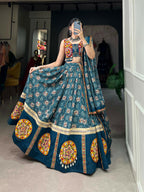 Vastranavya Navaratri Special Pure Rayon Printed With Foil Work And Gamthi Patch Work With Lace Touch Up Lehenga with Stitched Blouse - Teal