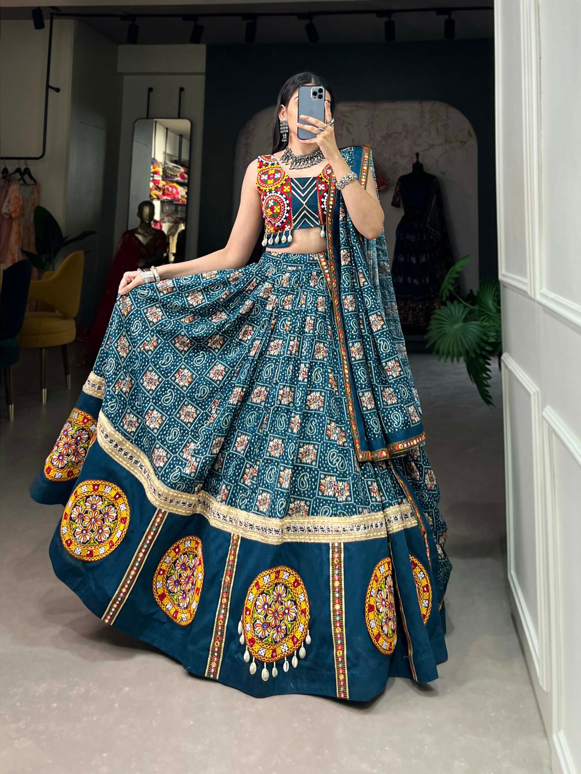 Vastranavya Navaratri Special Pure Rayon Printed With Foil Work And Gamthi Patch Work With Lace Touch Up Lehenga with Stitched Blouse - Teal