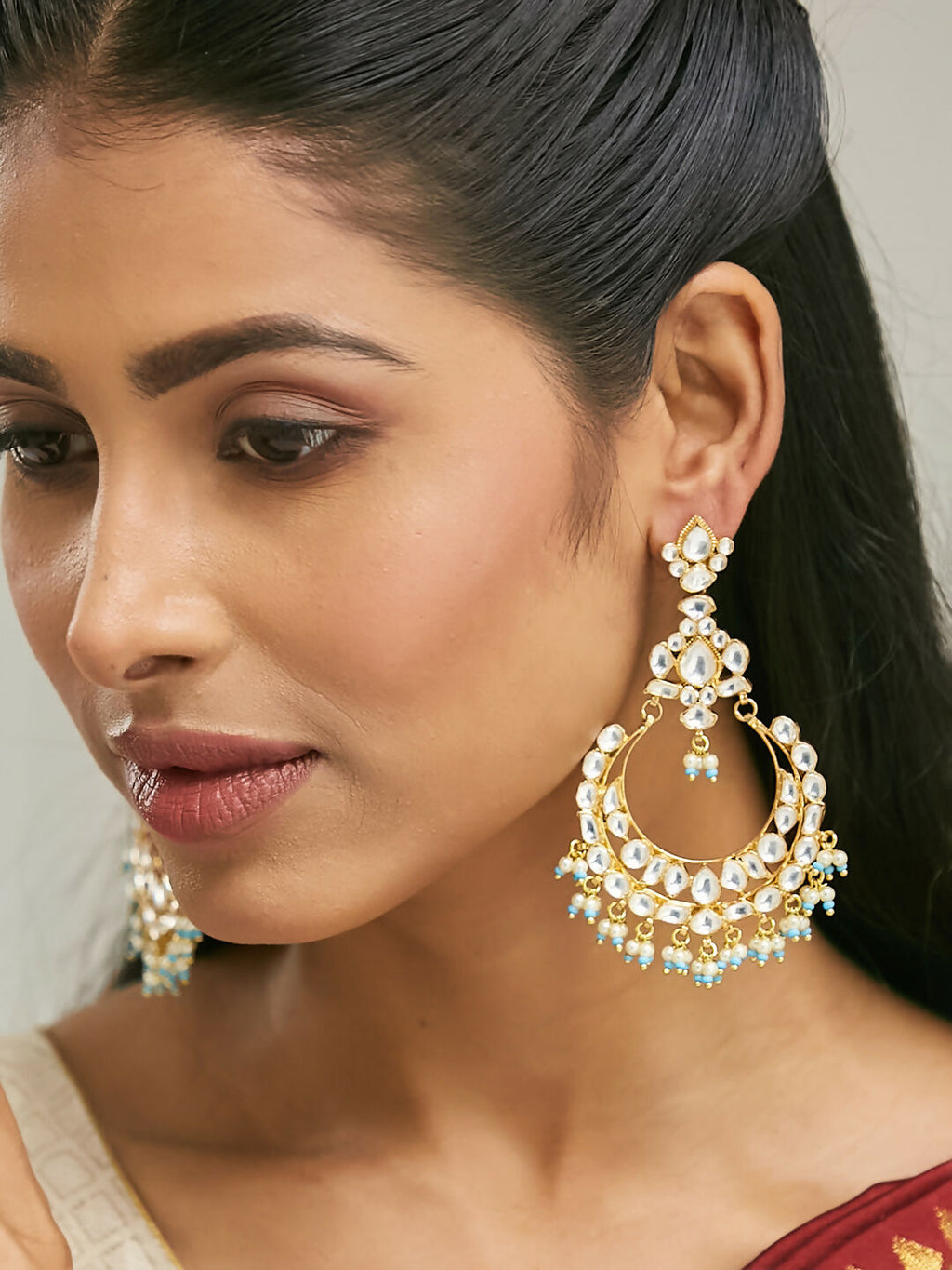 Nuyug 22K Gold-Plated Kundan Stone Studded & Pearl Beaded Chandbalis - Distacart