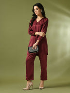 Myshka Women's Maroon Solid Satin V-Neck Party Tunic With Trousers Co-ord set