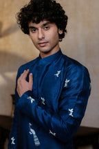 Falling Raw Silk Navy Blue Neel Mayura Kurta Set By Hilo Design