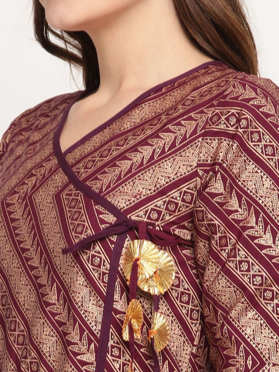 Ahalyaa Women Crepe Wine Colour Glitter Print Kurta