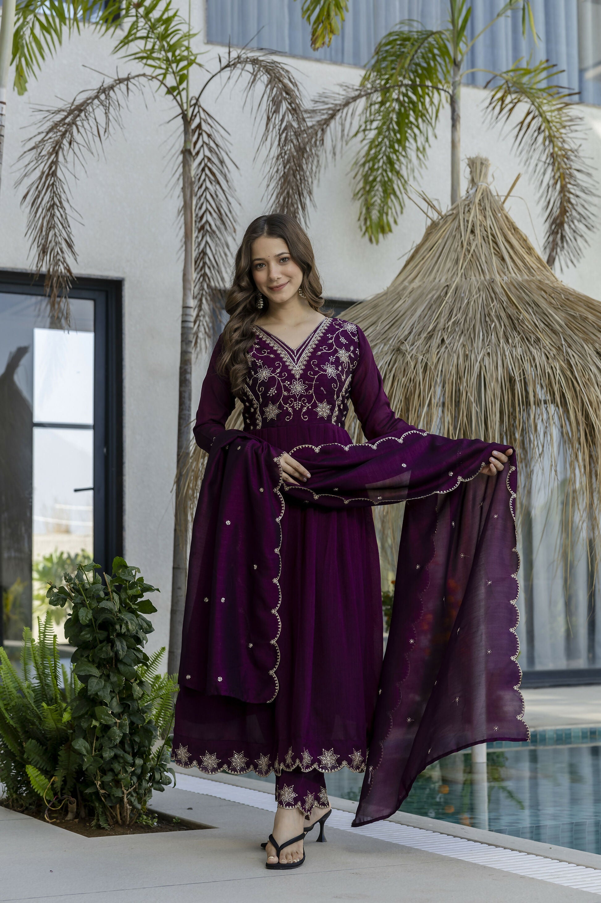 The52 Women's Beautiful Embroidery Work Vichitra Silk Fabric Flared Anarkali Pant and Dupatta Set - Distacart