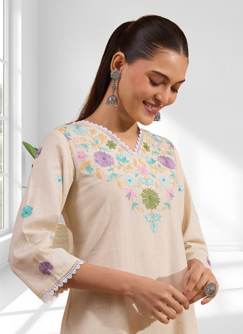 Joban Fashion Cream Linen Embroidered Readymade Cord Set - Distacart