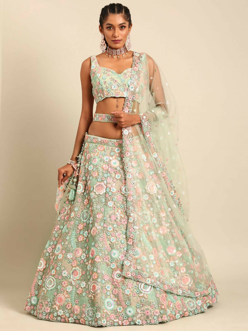 House of Panchhi Lime Green Net Sequins, Mirror and thread embroidery Lehenga choli & Dupatta