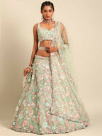 House of Panchhi Lime Green Net Sequins, Mirror and thread embroidery Lehenga choli & Dupatta