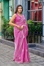 Vastranavya Baby Pink Embroidery Work Shimmer Chiffon Saree with Unstitched Blouse - Distacart