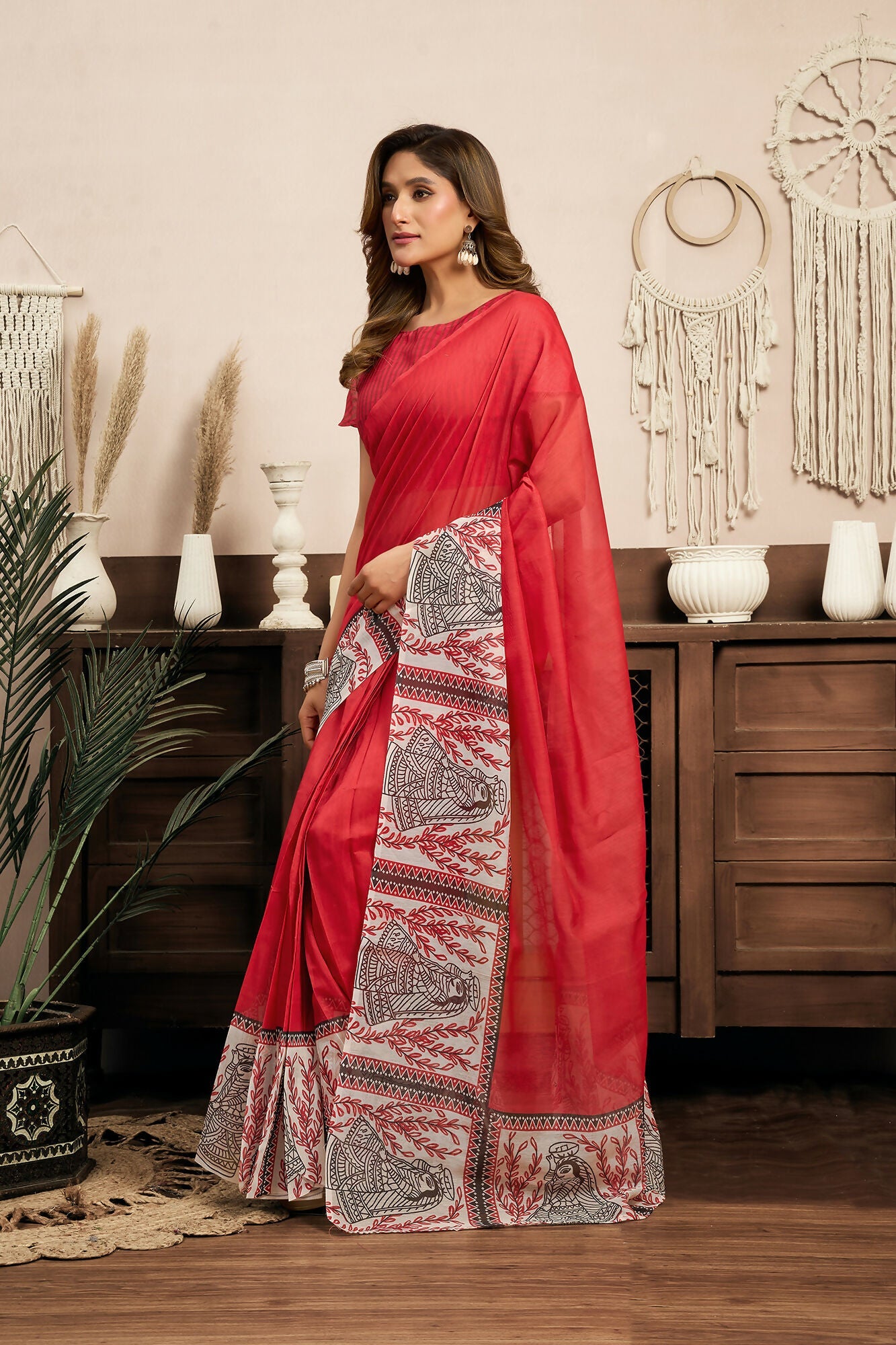 Vastranavya Red Digital Printed Linen Ready To Wear Designer Saree with Unstitched Blouse - Distacart