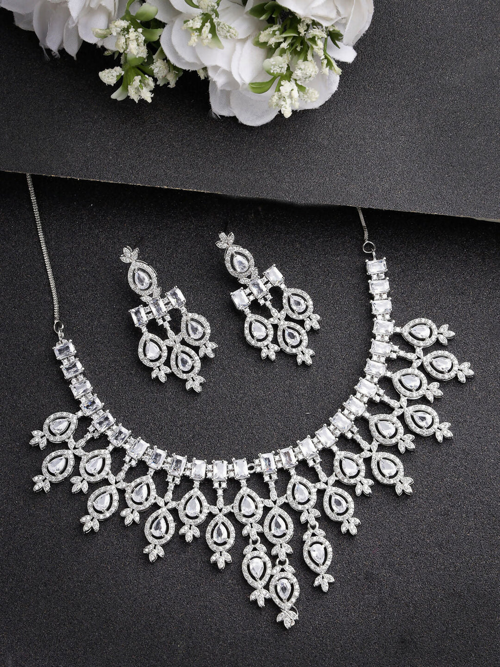 NVR Women's Silver-Plated Cubic Zirconia Studded Handcrafted Jewellery Set