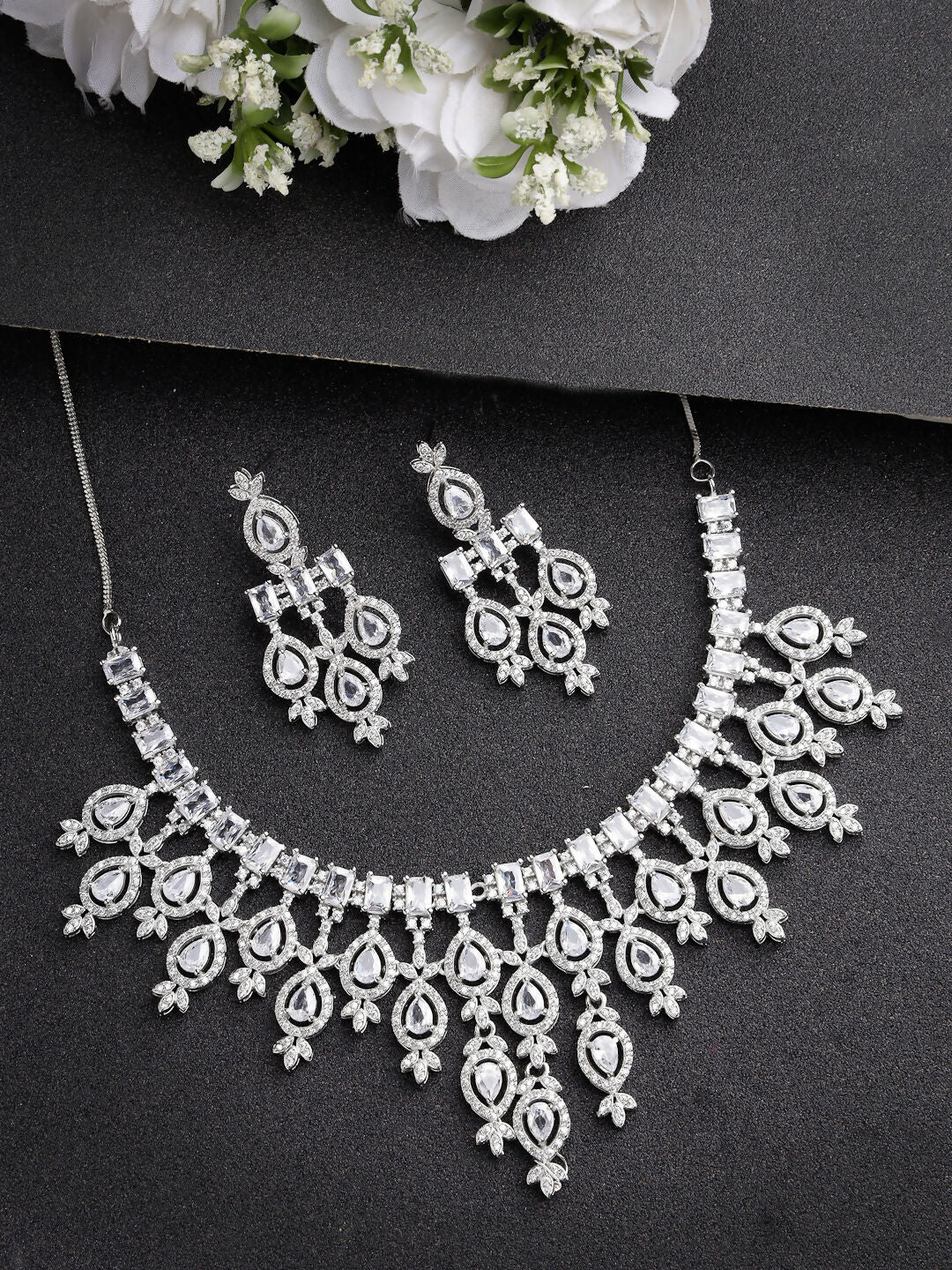 NVR Women's Silver-Plated Cubic Zirconia Studded Handcrafted Jewellery Set