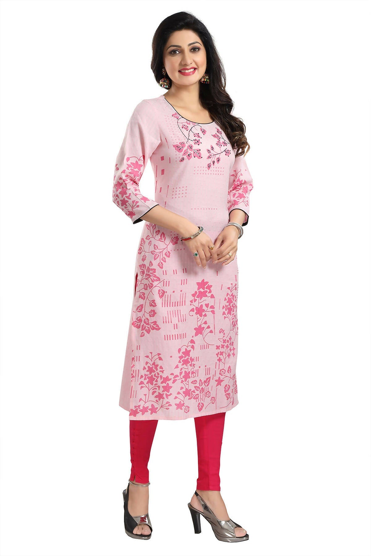Snehal Creations Pretty Pink Rayon Textured Print Long Kurta For Women - Distacart