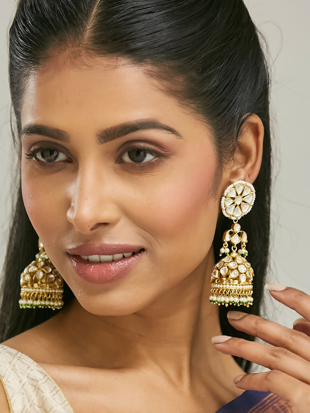 Nuyug 22K Gold-Plated Kundan Stone Studded & Pearl Beaded Dome Shaped Jhumkas - Distacart