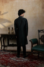 Falling Raw Silk Black Kajal Phool Kurta Set By Hilo Design