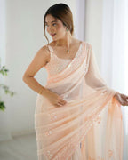 Attractive Looking Georgette Thread, Sequance Embroidery Work Party Wear Saree - Peach