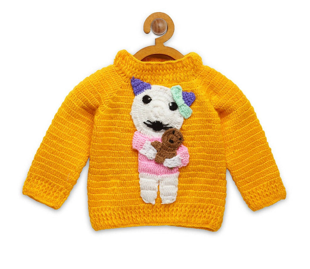 Chutput Kids Woollen Hand Knitted Cat Design Sweater - Yellow