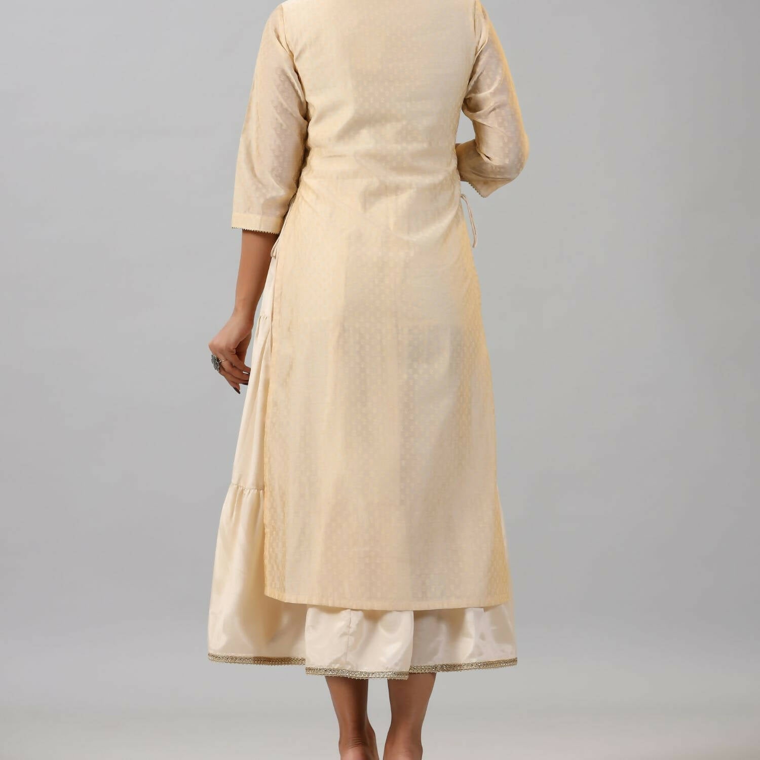 Juniper Women Gold Chanderi Printed Layered Maxi Dress with Embroidered Yoke - Distacart