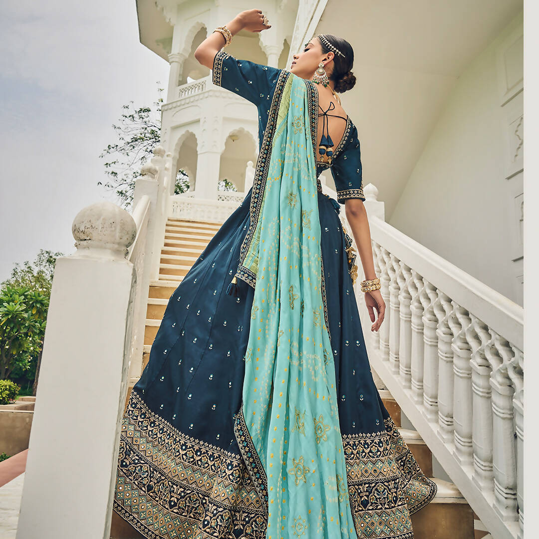Navy Blue Heavy Viscose Khatli, Embroidery & Mirror Work Unstitched Lehenga Choli - Sisha Keshav