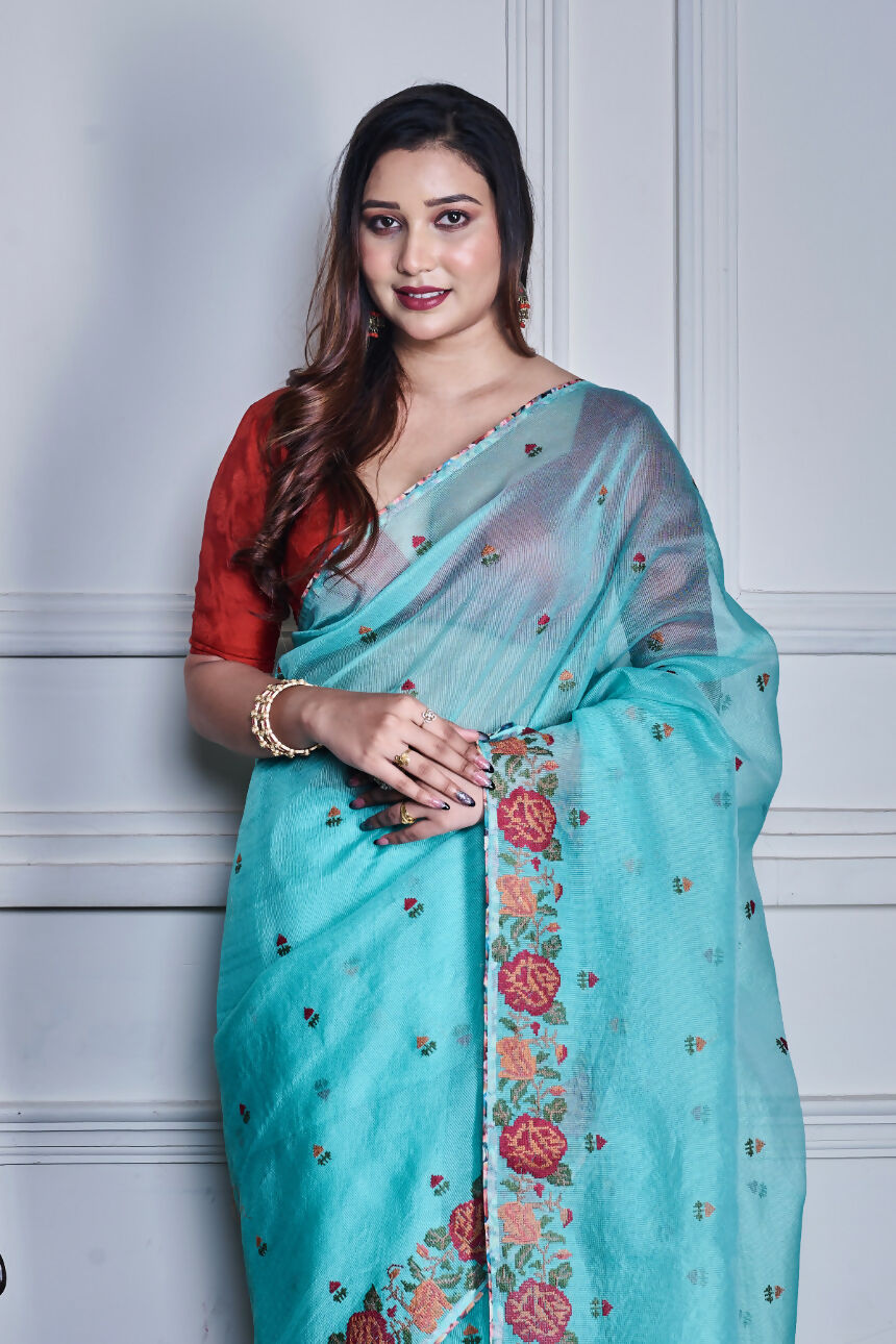 Morchari Green Supernet Cross Stitched Embroidery Saree Unstitched Blouse - Distacart