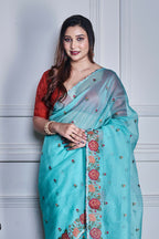 Morchari Green Supernet Cross Stitched Embroidery Saree Unstitched Blouse - Distacart