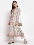 Myshka Women's Multi Cotton Printed Full Sleeve Round Neck Casual Kurta