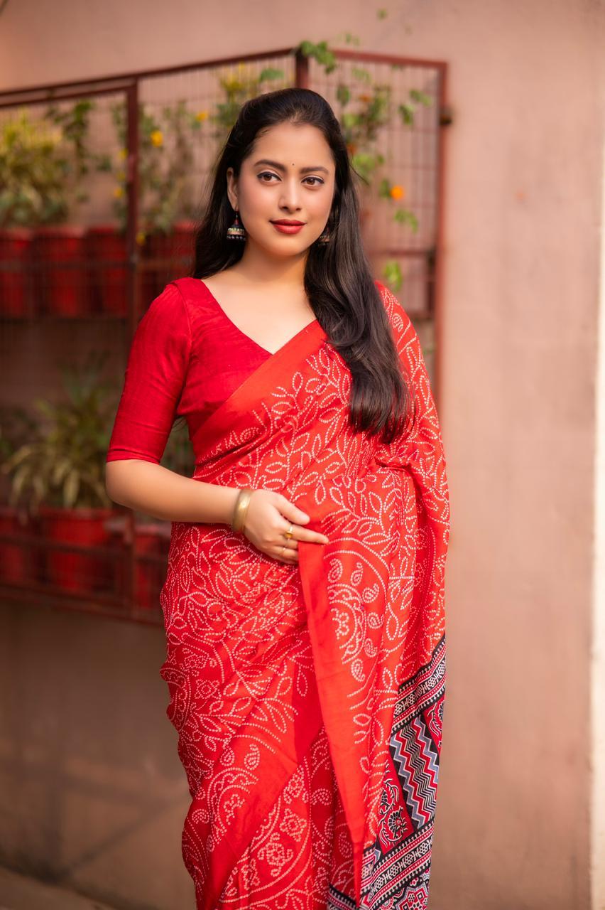 Red Silk Blend Ajrak Saree with Unstitched Blouse - Hiral Fashion
