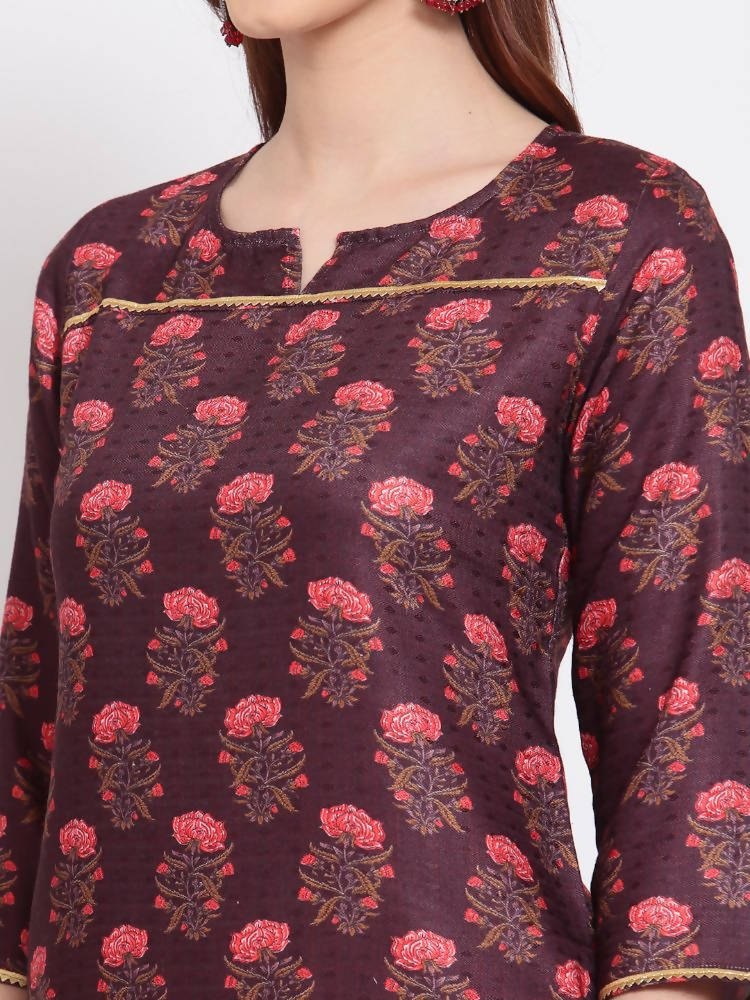 Myshka Women's Wine Printed Pashmeena 3/4 Sleeve Round Neck Casual Winter Kurta