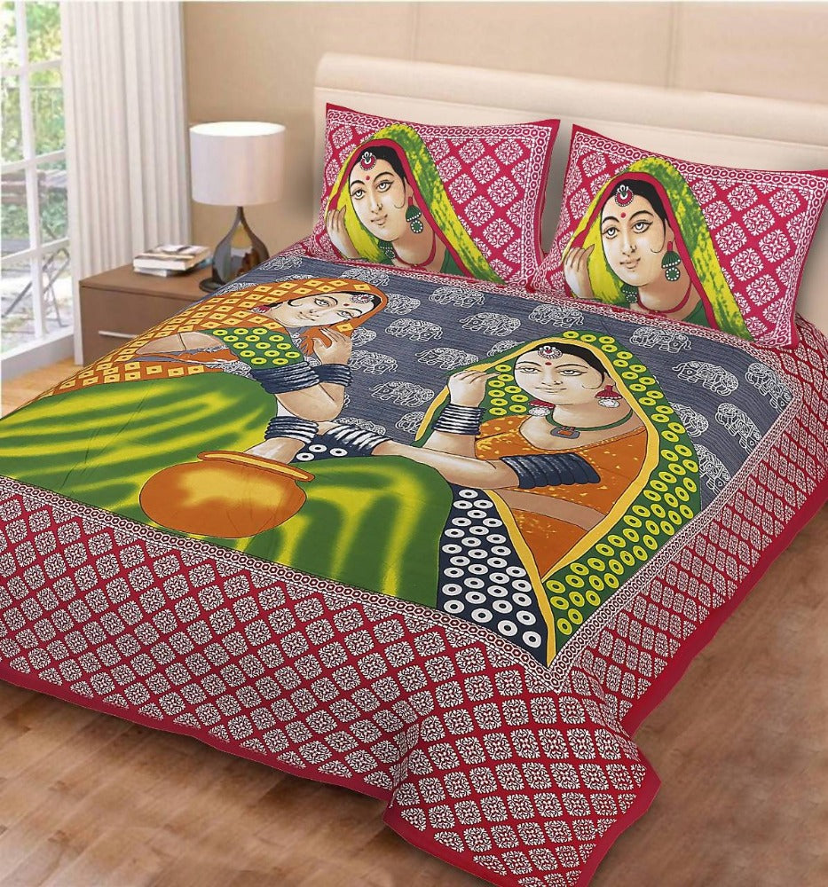 Vamika Printed Cotton Matki Red Bedsheet With Pillow Covers (PM Matki Red)