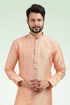 Raivat Ethnic Jacquard Banarasi Silk Pintux Work Kurta Pajama In Peach Colour