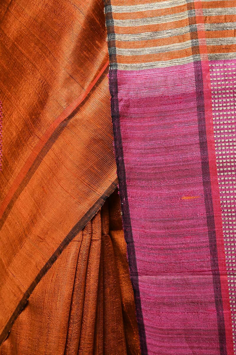 Very Much Indian Handwoven Raw Silk Dupion Saree - Orange With Pink Pallu - Distacart