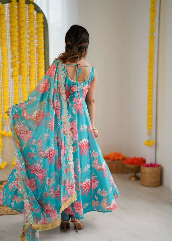 Teeya Creation Blue Pure Muslin Silk Digital Print Traditional Wear Long Gown - Distacart