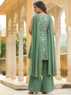 Janasya Sage Green Georgette Embroidered Kurta,Bottom & Dupatta