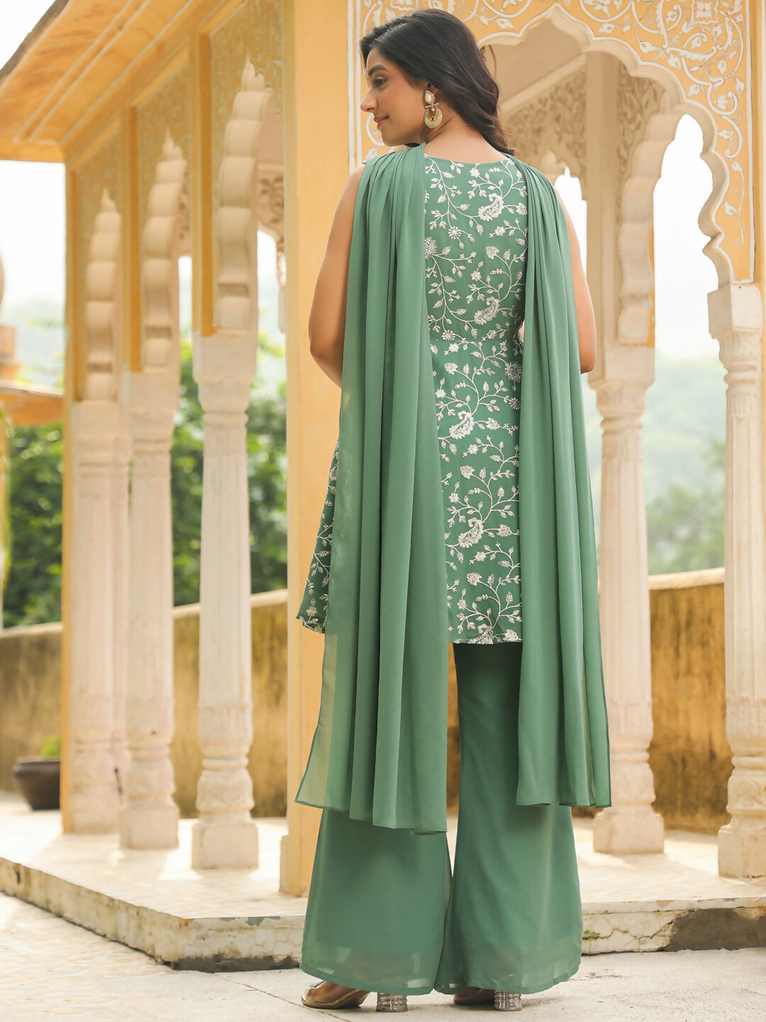 Janasya Sage Green Georgette Embroidered Kurta,Bottom & Dupatta