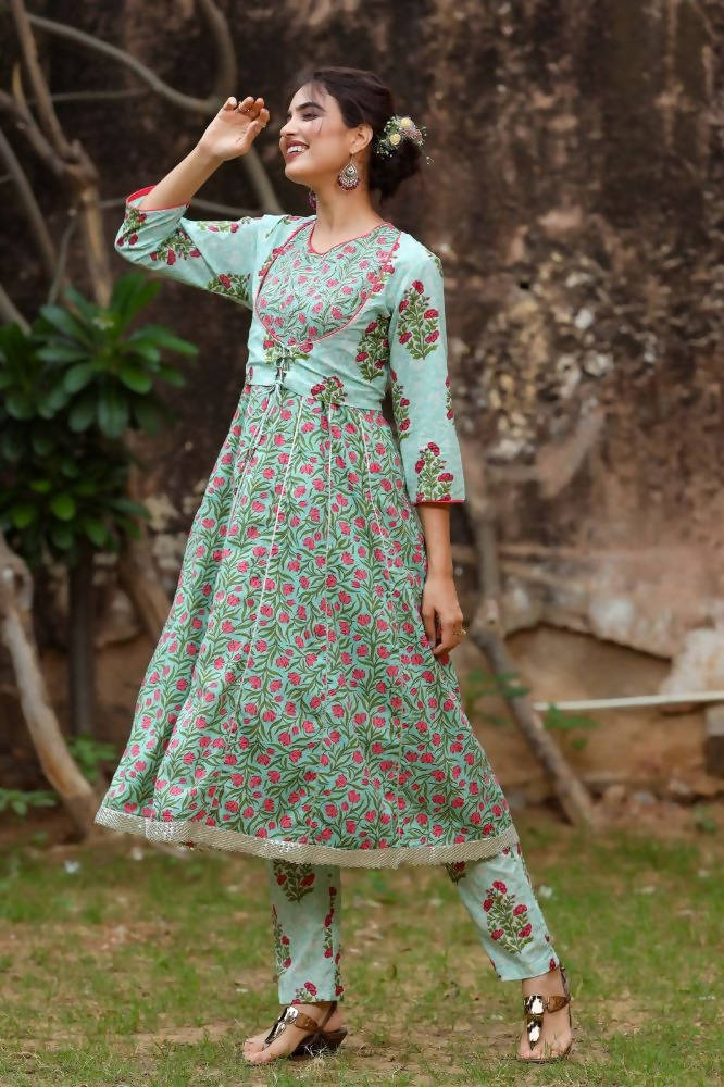 Yufta Women Grey Handblock A-Line Kurta with Trouser