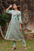 Yufta Women Grey Handblock A-Line Kurta with Trouser
