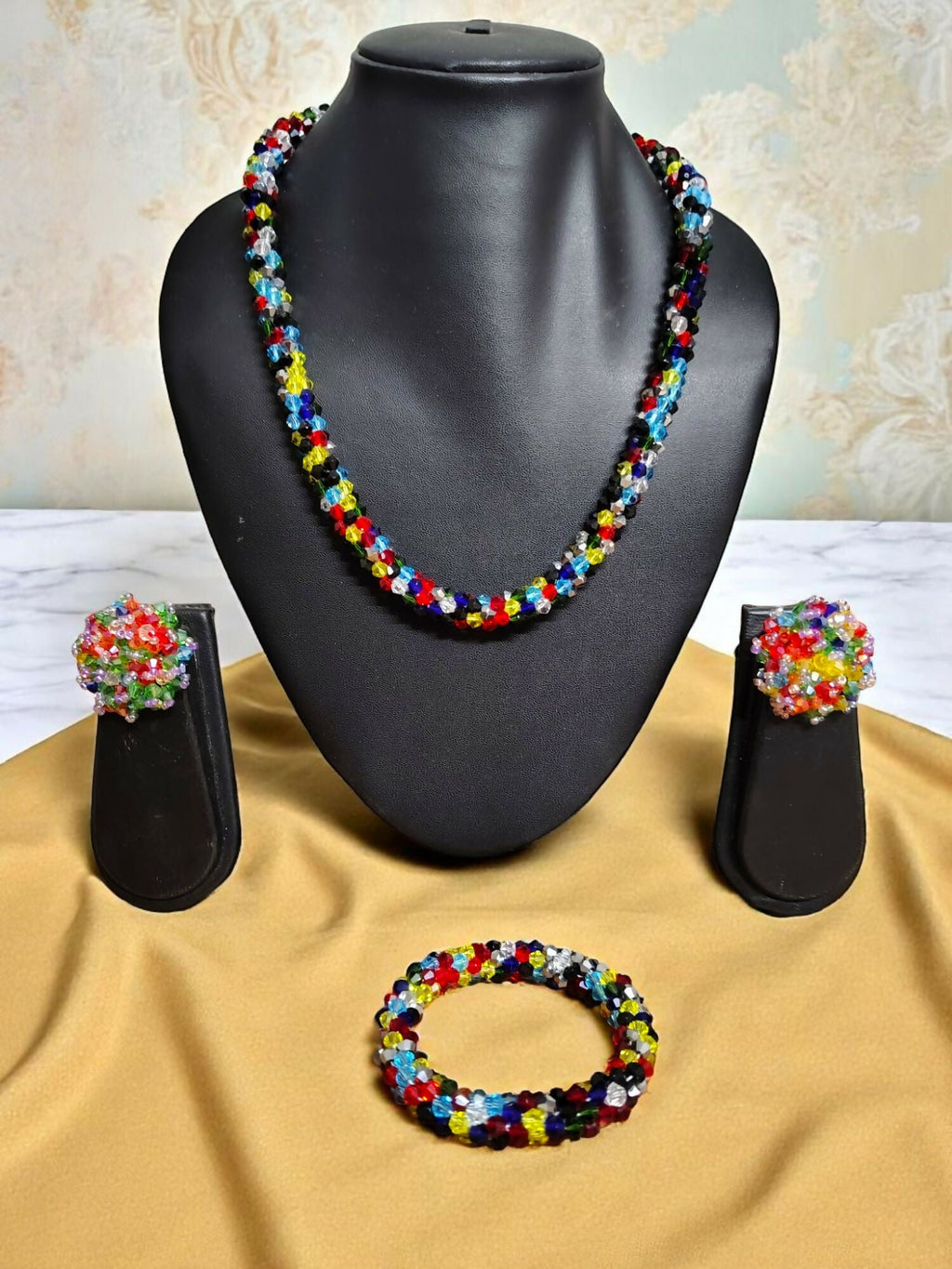 Inhanns Complete Look Crystal Statement 3-Piece Set (Adjustable Necklace + Earrings + Adjustable Bangle ) - Multi Colour