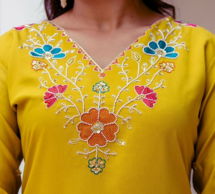 The52 Yellow Women's Gorgeous Embroidered work Viscose Gadhwal Fabric Straight Kurta, Pant and Dupatta Set - Distacart