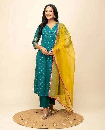 FIORRA Women's Teal Blue Crepe A-Line Kurta Pant with Dupatta