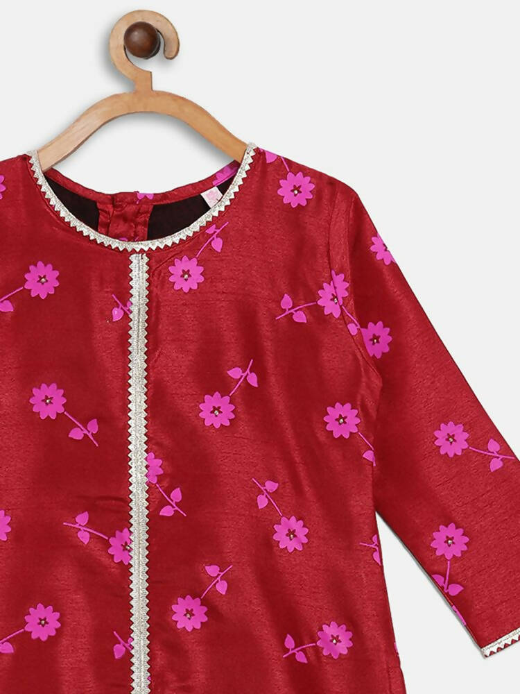 Ahalyaa Red Poly Silk Straight Printed Kids Kurta Palazzo Set For Girls