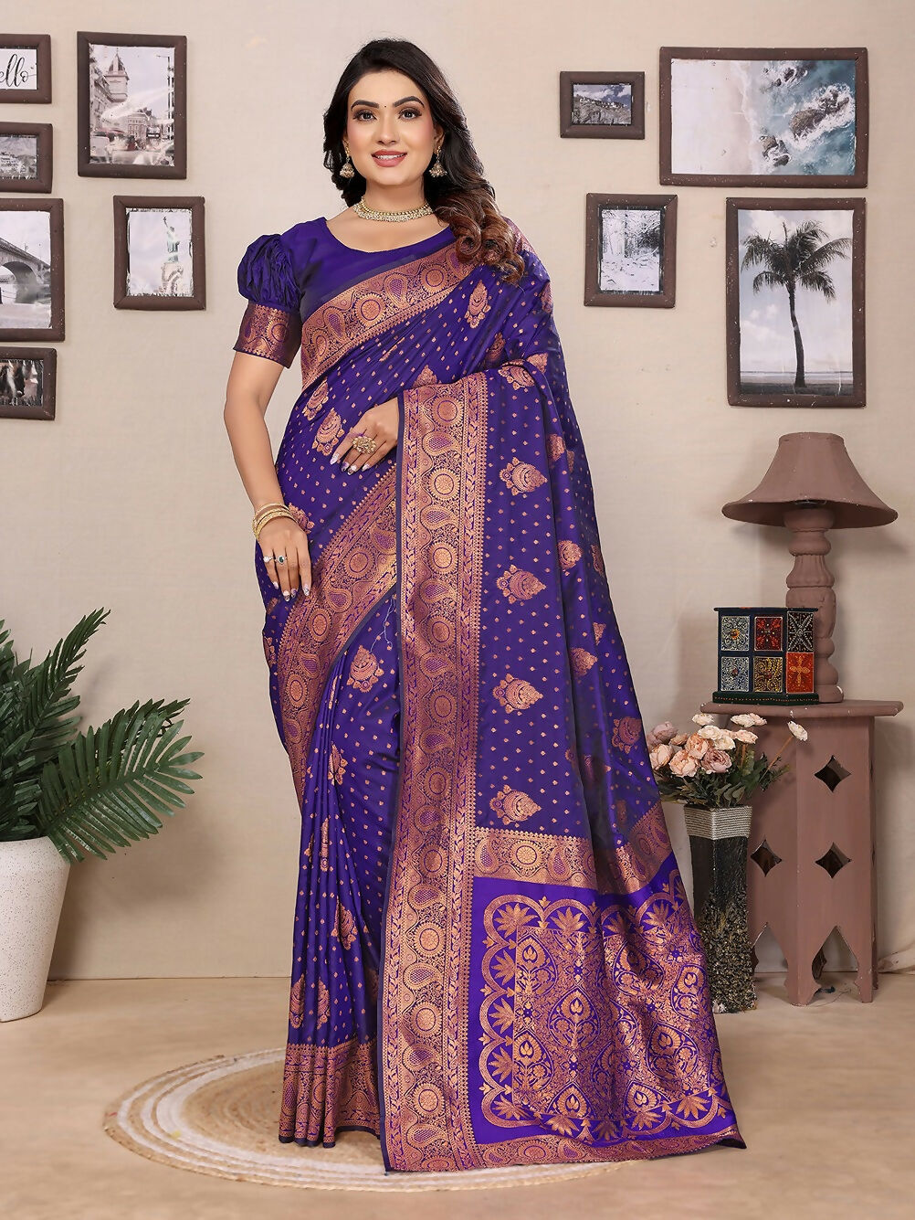 Joban Fashion Banarasi Navy Blue Woven Soft Silk Saree - Distacart